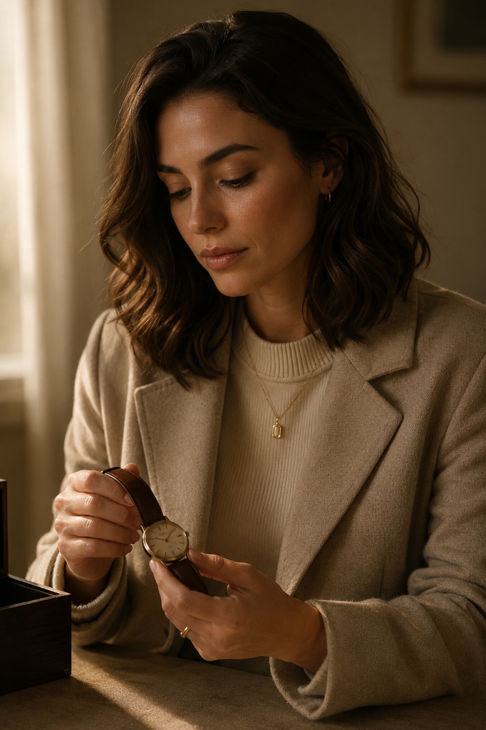 Mujer mirando pensativa un reloj heredado